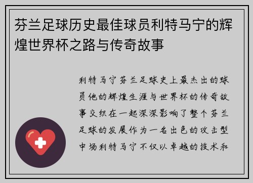 芬兰足球历史最佳球员利特马宁的辉煌世界杯之路与传奇故事